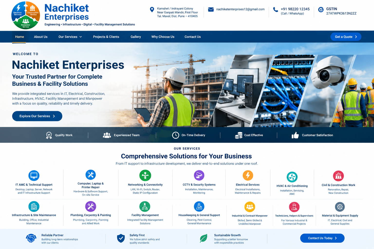 Nachiket Enterprises blue-and-white homepage visual showing IT, engineering, electrical, construction, facility management and manpower services